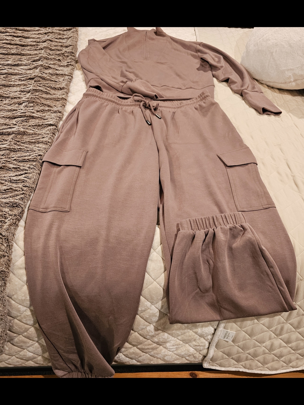 Women's Cargo Jogger Pants And Quarter Zip Top in Taupe